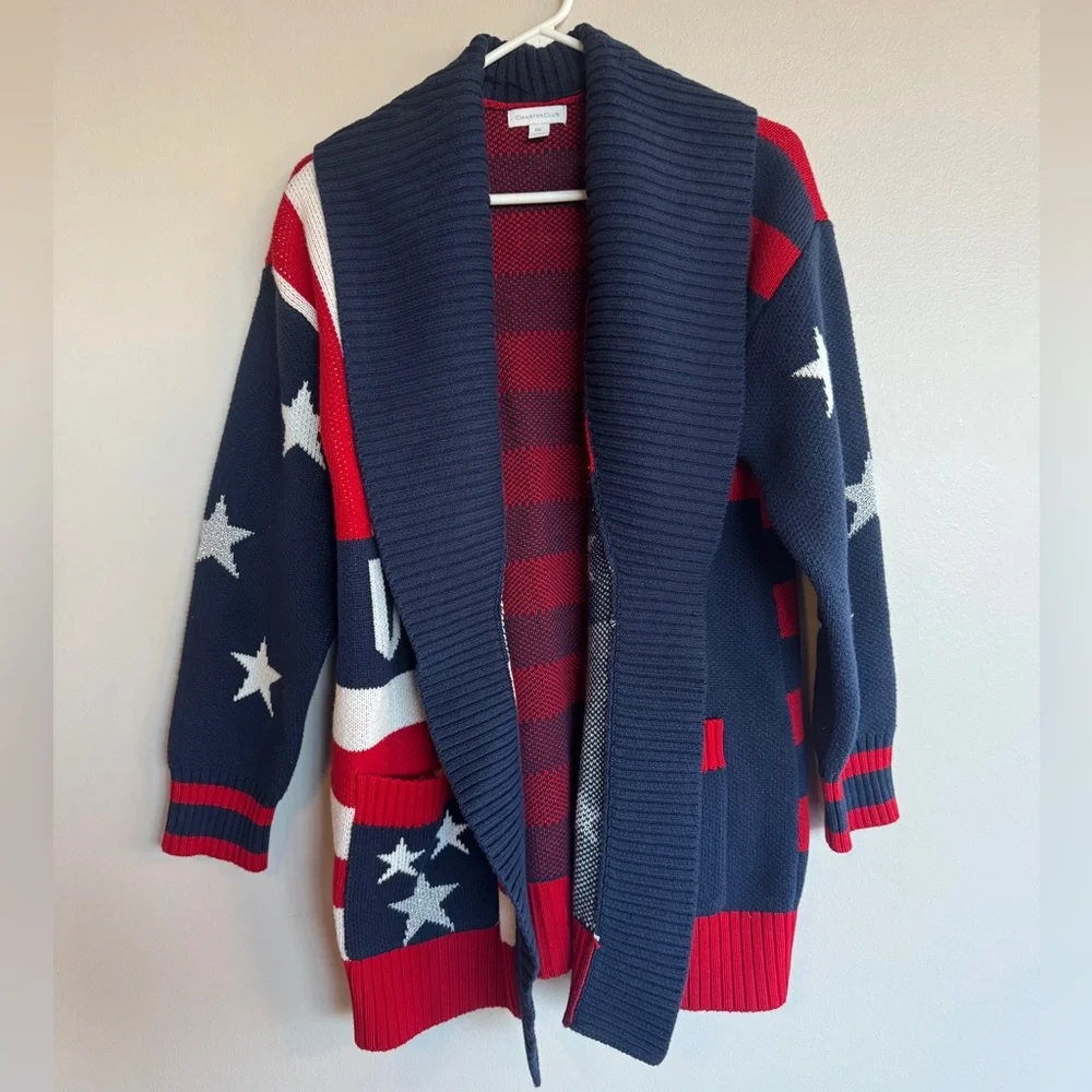 Charter Club USA Flag Cardigan Sweater XXL Red White Blue Stars Stripes Shawl - Picture 3 of 7